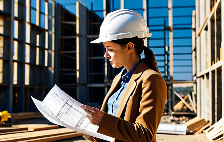 **

"A professional female architect, fully clothed in a modest business casual outfit, reviewing blueprints at a sunlit construction site, wearing a hard hat, appropriate attire, safe for work, perfect anatomy, correct proportions, natural pose, professional photography, high quality, family-friendly"

**