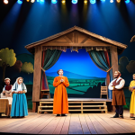 **

"A vibrant stage scene with actors in colorful, modest costumes performing a play. The backdrop depicts a rural village setting. Spotlights illuminate the actors.  A sound system is visible in the background. Fully clothed, appropriate content, safe for work, perfect anatomy, natural proportions, professional stage photography, high quality."

**