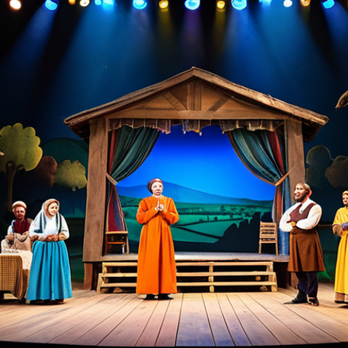 Home 14 **
"A vibrant stage scene with actors in colorful, modest costumes performing a play. The backdrop depicts a rural village setting. Spotlights illuminate the actors. A sound system is visible in the background. Fully clothed, appropriate content, safe for work, perfect anatomy, natural proportions, professional stage photography, high quality."
**