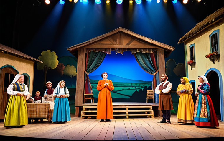 **

"A vibrant stage scene with actors in colorful, modest costumes performing a play. The backdrop depicts a rural village setting. Spotlights illuminate the actors.  A sound system is visible in the background. Fully clothed, appropriate content, safe for work, perfect anatomy, natural proportions, professional stage photography, high quality."

**