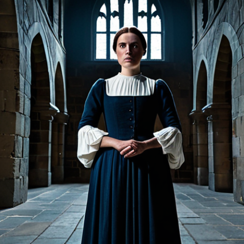 Home 7 Lady Macbeth - Strength and Ambition**
"A fully clothed woman in professional attire, resembling Lady Macbeth, standing in a castle interior, safe for work, appropriate content, perfect anatomy, correct proportions, dramatic lighting, theatrical costume, serious expression, modest dress, professional, well-formed hands, proper finger count, natural body proportions"
**
