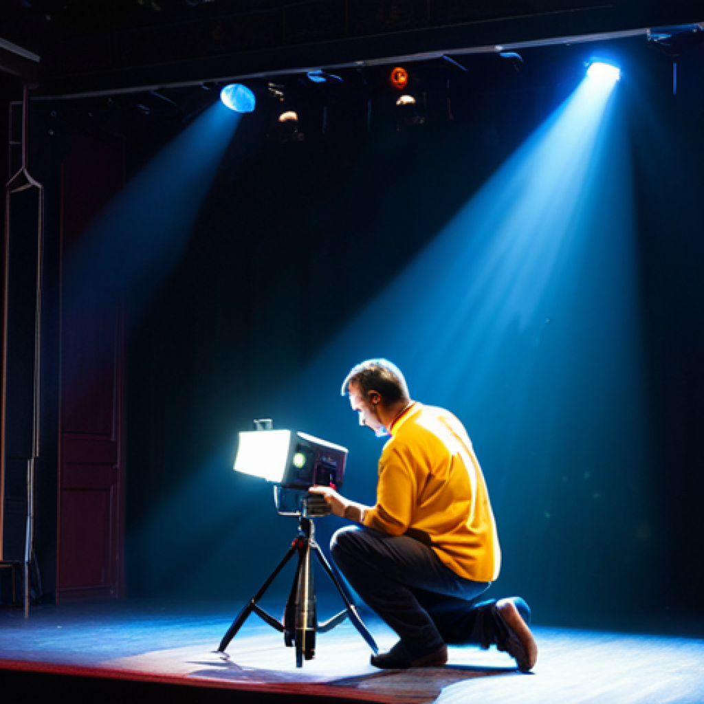 연극 무대 기술 - A fully clothed stage lighting technician adjusting spotlights in a theater. The stage is dimly lit,...