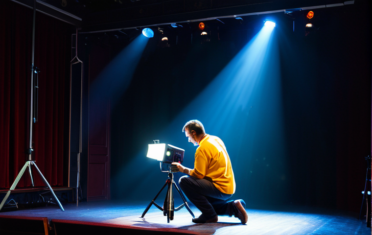 연극 무대 기술 - A fully clothed stage lighting technician adjusting spotlights in a theater. The stage is dimly lit,...
