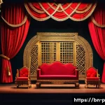 공연 무대 디자인 - A vibrant theatrical stage set in a traditional Bengali theater, showcasing intricate architectural ...