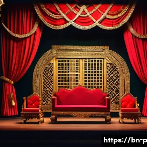 공연 무대 디자인 - A vibrant theatrical stage set in a traditional Bengali theater, showcasing intricate architectural ...