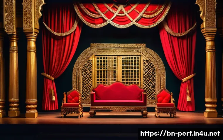 공연 무대 디자인 - A vibrant theatrical stage set in a traditional Bengali theater, showcasing intricate architectural ...