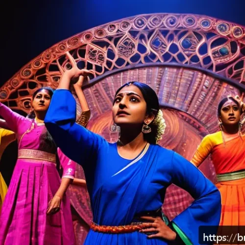 실험 연극과 아방가르드 예술 - A contemporary Bengali experimental theater scene featuring a young male and female actor in colorfu...