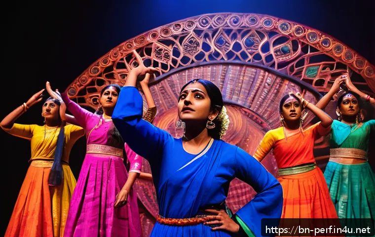 실험 연극과 아방가르드 예술 - A contemporary Bengali experimental theater scene featuring a young male and female actor in colorfu...