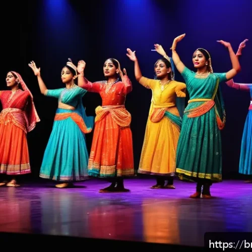 공연예술과 스토리텔링 - A contemporary performance art scene featuring a group of diverse performers on stage, each wearing ...