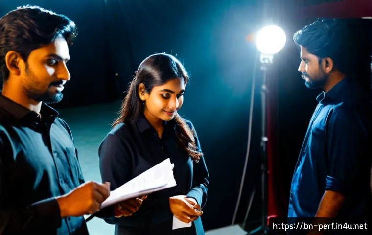 Home 17 공연 윤리와 사회적 책임 - Photorealistic backstage theater scene showing a diverse South Asian production team in modest profe...