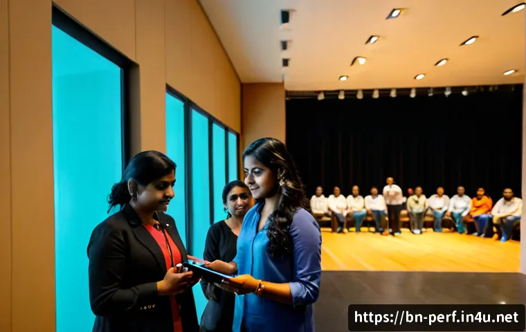 Home 17 공연예술의 마케팅 전략 - Photorealistic behind-the-scenes performing arts marketing meeting in a modern theater lobby, divers...